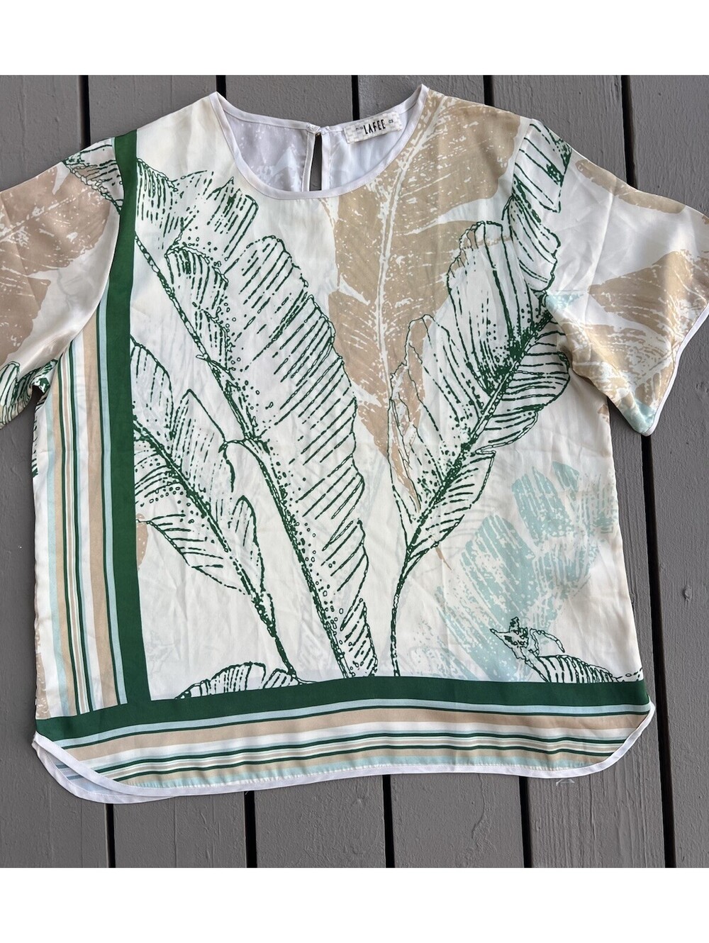 LaFee short-sleeve satin blouse green  beige tropical banana leaf 3X